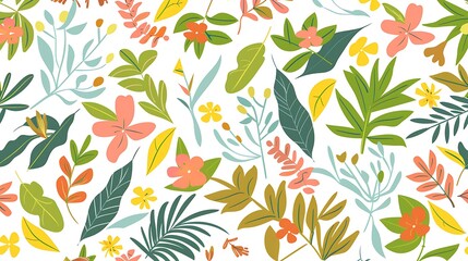 A vibrant and colorful illustration of a seamless floral pattern with various flowers and leaves. 