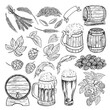 © ANTONINA MASLOVA - A set with beer elements. Wooden barrels and beer mugs, malt and hops. Hand-drawn illustrations with black and white vector graphics. Clipart for the design of labels, packages, oktoberfest posters.