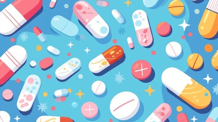 Canvas Print - Child friendly doodle style flat 2d illustration of cute pills and liquid medicines for kids