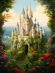 Illustration of whimsical castles nestled within lush, magical forests and colorful flora