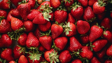 Wall Mural - A bunch of red strawberries are piled on top of each other. The strawberries are ripe and ready to be eaten