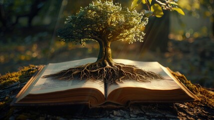Wall Mural - Book of life, knowledge, wisdom - old tree and its roots on open pages of a magic book