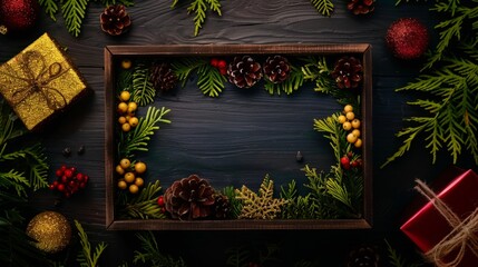 Wall Mural - Festive Christmas flat lay featuring wrapped gifts, pinecones, baubles, and holly berries arranged on a dark wooden background. Perfect for holiday greeting cards and seasonal promotions