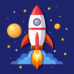 Wall Mural - Colorful rocket launch in space with planets and stars - vector illustration