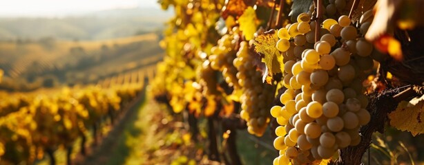 Wall Mural - Autumn harvest of white wine grapes in Tuscany vineyards near an Italian winery