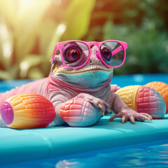 Wall Mural - A cute chameleon in sunglasses swims in the pool on an inflatable circle. The concept of summer, vacations and vacations