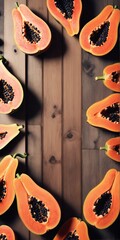 Wall Mural - Cut papaya on wooden table. Healthy fruit. Top view copy space