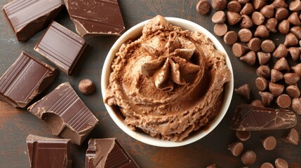 Wall Mural -  A wooden table holds a bowl of chocolate hummus, encircled by chocolate chunks and scattered pieces Chocolate fragments lie nearby