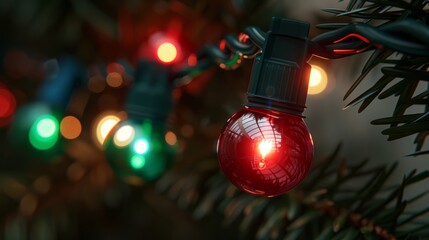 Wall Mural -  A tight shot of a Christmas ornament suspended from a tree against a backdrop of twinkling lights Foreground features a softly blurred pine tree branch