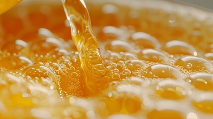 Wall Mural -  A tight shot of oil being poured over oranges in a white bowl, accompanied by an orange spoon in its midst