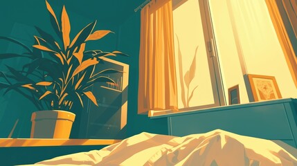 Poster - A cozy spot for unwinding and catching some Z s in an empty bedroom setting featuring a bed dark room with a curtained window and a potted plant Whether in a hotel or a home apartment this 