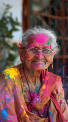 old woman happy in holi colors