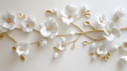 Wall Mural - White flowers with golden leaves on white background. White and golden luxury 3d floral background