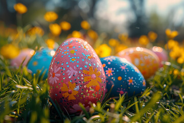 Canvas Print - Colorful eggs hidden among the grass, ready for a fun-filled hunt. Concept of Easter traditions and family activities. Generative Ai.