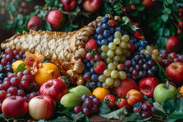 Wall Mural - A cornucopia filled with fruits and vegetables. Concept of Thanksgiving and abundance. Generative Ai.