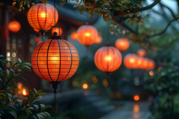 Wall Mural - Decorative lanterns hanging in a garden. Concept of Mid-Autumn Festival and cultural celebration. Generative Ai.