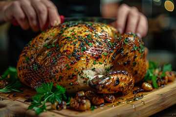 Poster - A Thanksgiving turkey being carved at the dinner table. Concept of holiday feasts and family gatherings. Generative Ai.