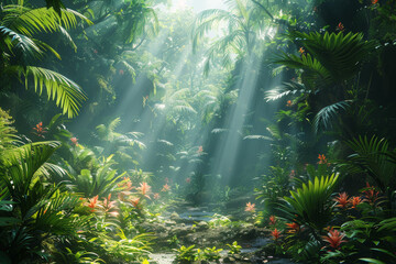 Poster - A dense jungle teeming with lush vegetation. Concept of biodiversity and tropical environments. Generative Ai.