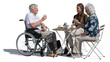© Martin - Old man in a wheelchair sitting in an outdoor café with his family isolated on white background