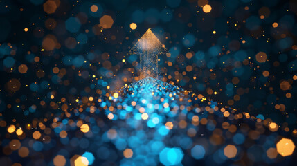 Poster - Luminous arrow rising through shimmering bokeh lights represents advancement, development, and achievement