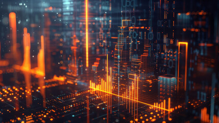 Wall Mural - Abstract digital cityscape with glowing lines and tech overlay, embodying a futuristic cyber world