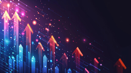 Poster - Neon arrows on dark background depicting financial growth through digital art