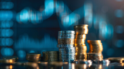 Poster - Stacked coins on a dynamic financial chart background, symbolizing investment growth and wealth accumulation