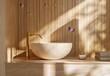 © Nicat - A modern bowl washbasin on a white stone vanity counter with a gold chrome faucet, casting a shadow on a cream wood panel wall in sunlight, perfect for luxury beauty, skincare, and body care product d