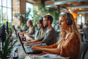 Sticker - Office workers typing at their desks in an open-plan workspace. Concept of corporate culture and productivity. Generative Ai.