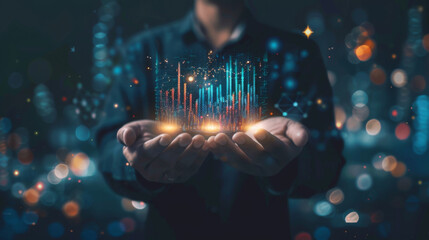 Poster - A professional displays futuristic glowing financial charts in his hands