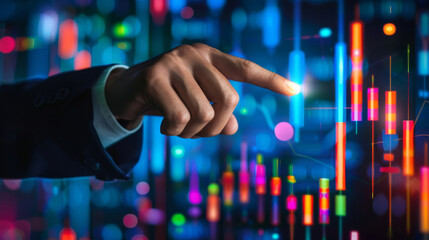 Leinwandbilder - Businessman's hand engaging with dynamic digital stock market graphs in close-up view