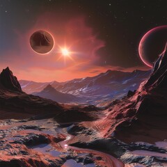 A beautiful and serene landscape with two planets and a sun in the background