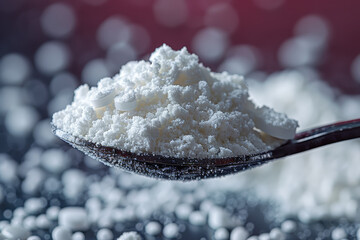 Poster - A packet of powdered medication poured into a measuring spoon against a plain backdrop, ready for mixing with liquid. Concept of powdered medication and dosage preparation. Generative Ai.