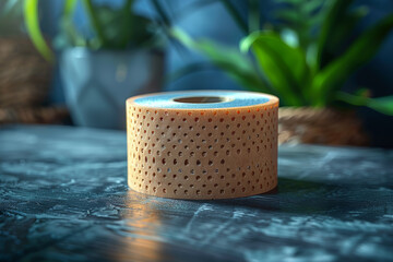 Poster - A roll of medical adhesive tape unwound on a featureless surface, used for securing bandages and dressings. Concept of medical tape and wound care. Generative Ai.