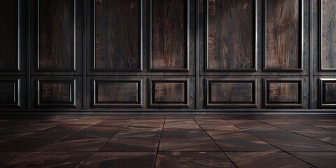 Wall Mural - Dark brown classic wooden wall background with free space, mock up room, parquet floor