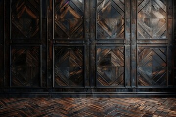 Wall Mural - Black classic wooden highlighted wall background with free space, mock up room, parquet floor