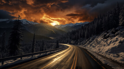 Wall Mural - dramatic landscape at sunset, view of the road in front of mountains, dark stormy sky and sunlight