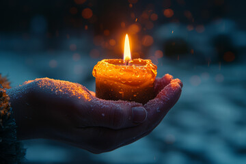 Canvas Print - A person's hand lighting a candle in solidarity with global efforts for peace and harmony. Concept of global peace and unity. Generative Ai.