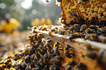 Poster - A beekeeper tending to a hive full of bees. Concept of care and sustainability. Generative Ai.