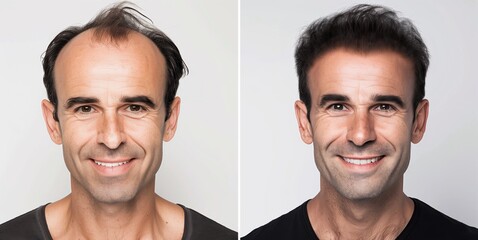 Collage of 2 photos a man with a hair loss problem before and after treatment, anti-hair loss procedures, hair transplant, on a gray background, collage. Appointment with a trichologist..