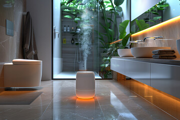 Sticker - Electric air freshener dispersing a subtle fragrance throughout a modern bathroom. Concept of enhancing indoor air quality and ambiance. Generative Ai.