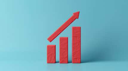 Poster - 3d rendering of a red upward arrow above a rising bar chart representing progress and success