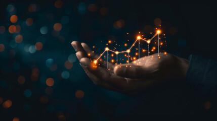 Poster - An open hand displays a glowing digital graph chart, symbolizing growth against a bokeh light backdrop