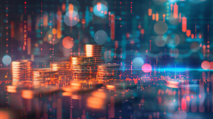 Poster - Digital composite of stacked coins against a futuristic financial graph with glowing lights and bokeh