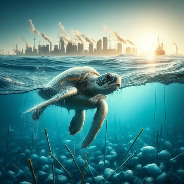 Sea Turtle trying to escape from the oceans pollution, digital illustration created with generative ai.