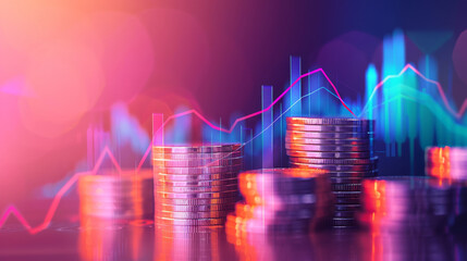 Poster - Piles of coins with vibrant charts representing financial growth
