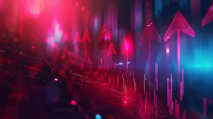 Poster - Colorful arrows point upwards amidst glowing digital graphs, symbolizing economic progress