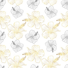 Wall Mural - Hibiscus flower seamless pattern for textile design, scrapbook, wallpaper. Line art black and golden hand drawn tropical floral background.