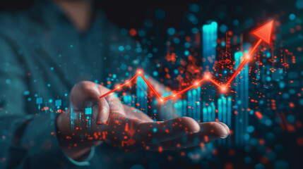 Poster - A hand interacts with dynamic 3d growth charts, symbolizing financial progress and technology