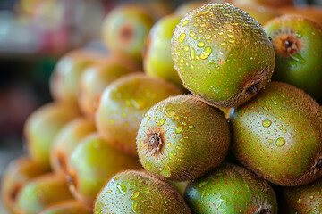 Canvas Print - A mound of fuzzy kiwifruits piled high in a rustic market stall, their emerald green flesh promising a tart and tangy delight. Concept of exotic market. Generative Ai.